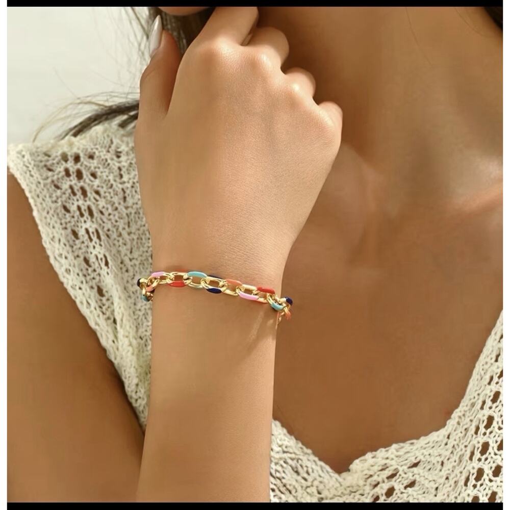 Gold Chain Bracelet Multicolor Enamel Links Adjustable Lobster Clasp
